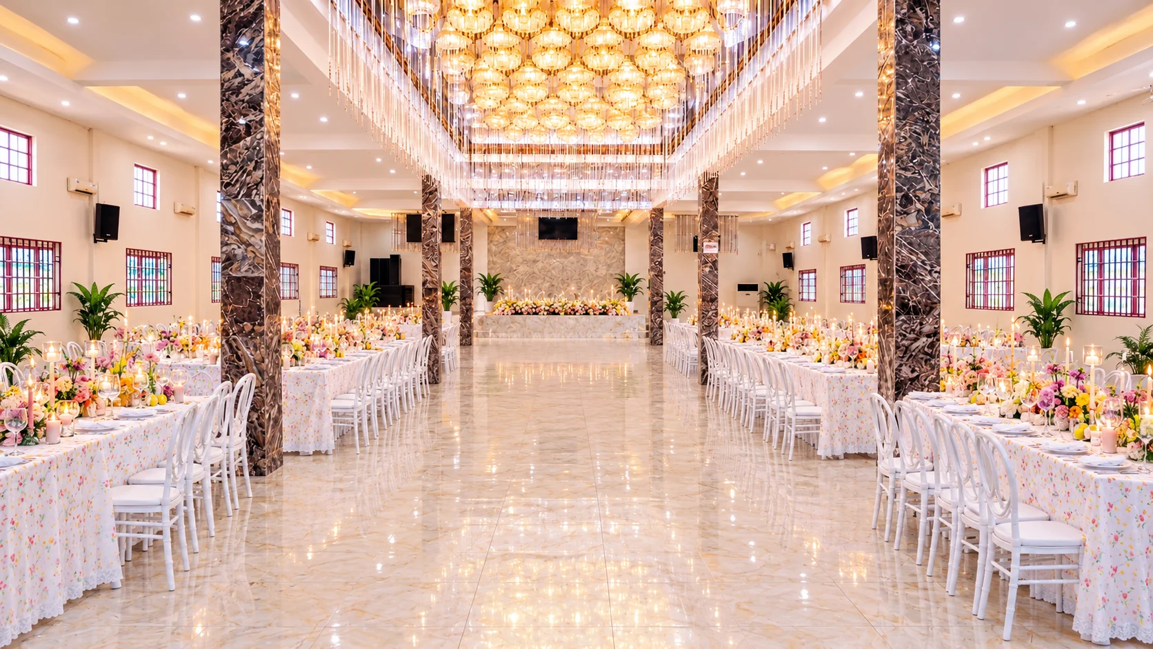 Wedding ceremony aisle decorated with flowers and gold at Success Center