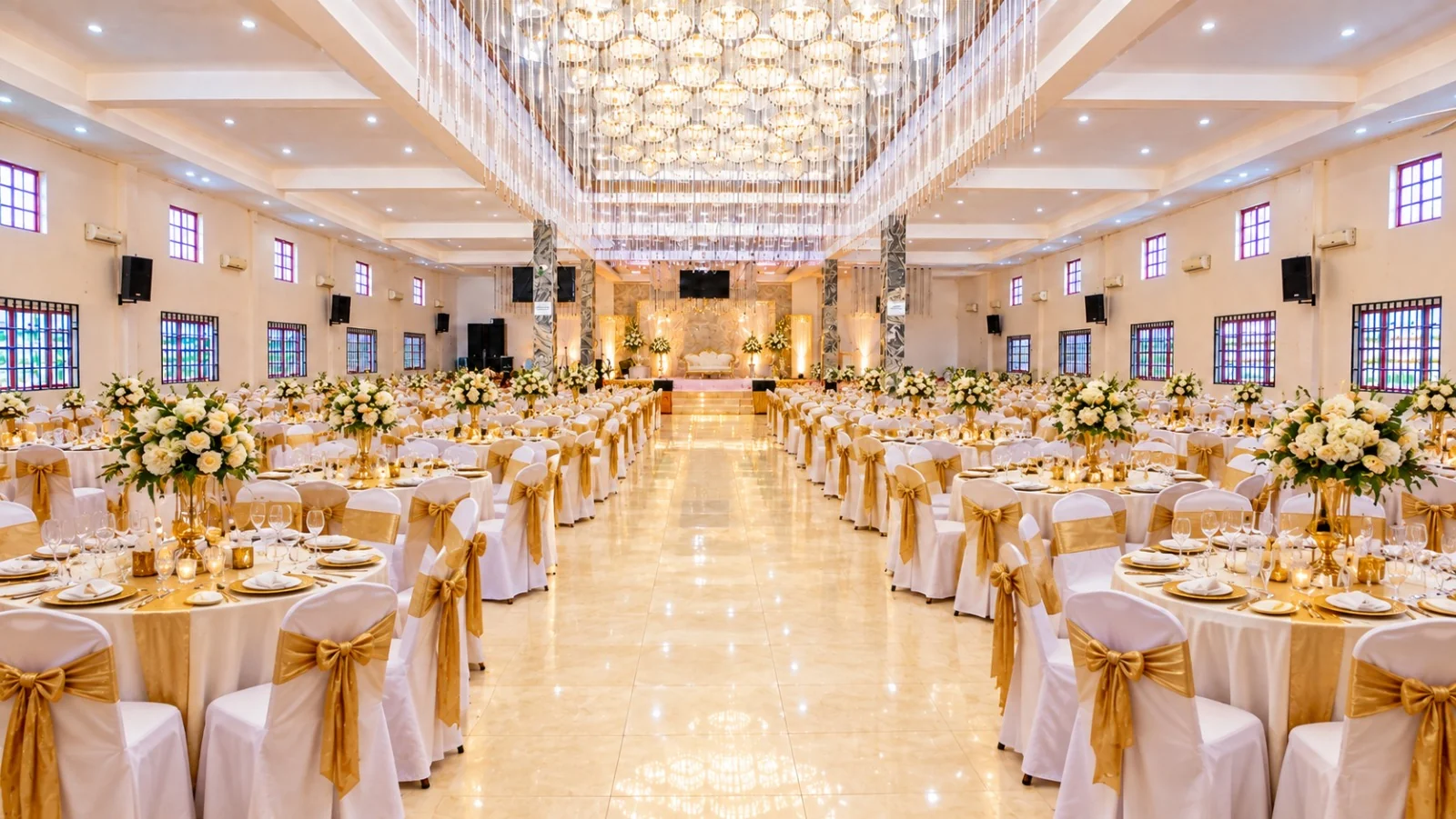 Luxury event stage with lighting and draping inside the Success Center hall