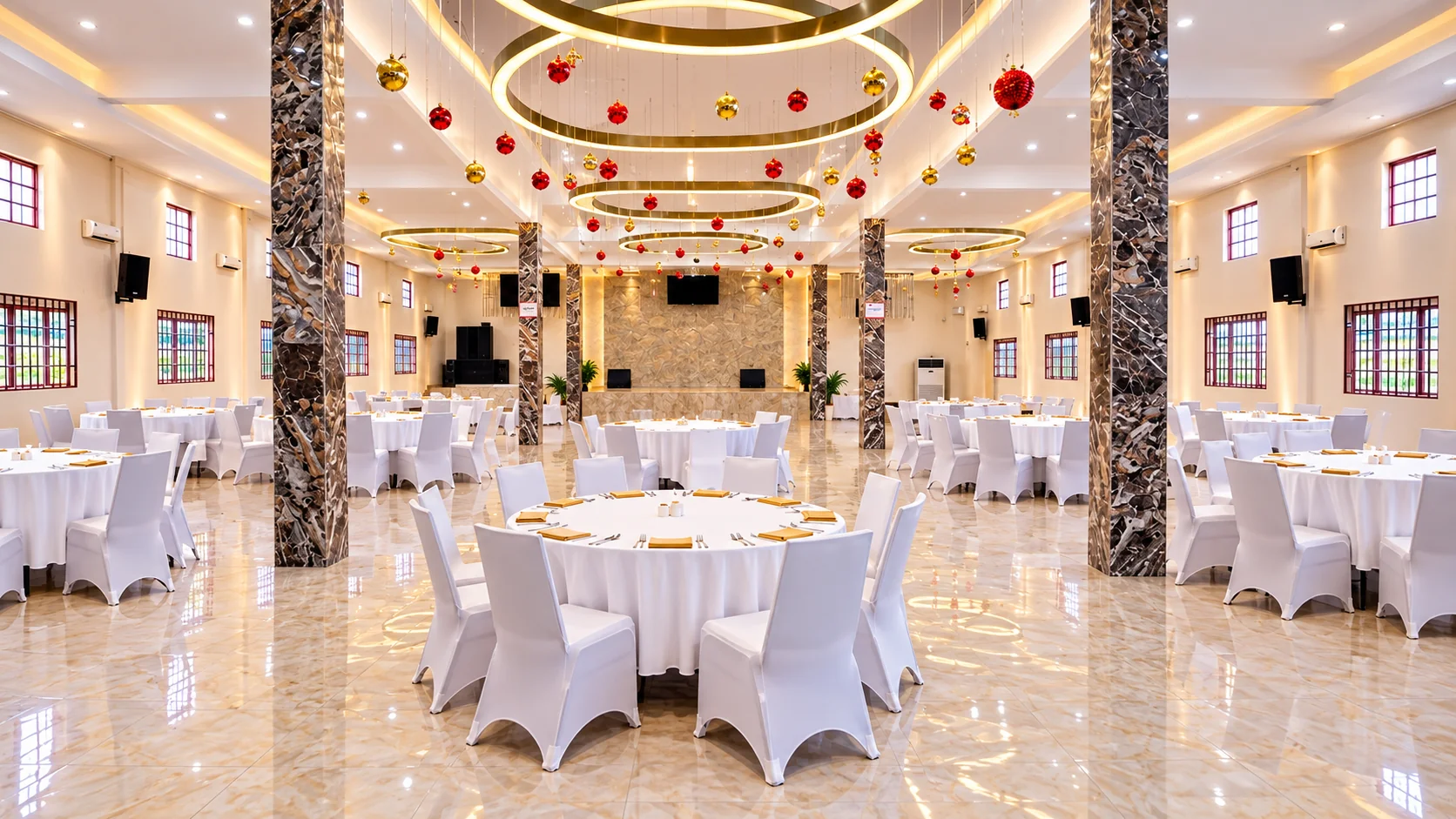Elegant wedding reception hall decorated with gold and white