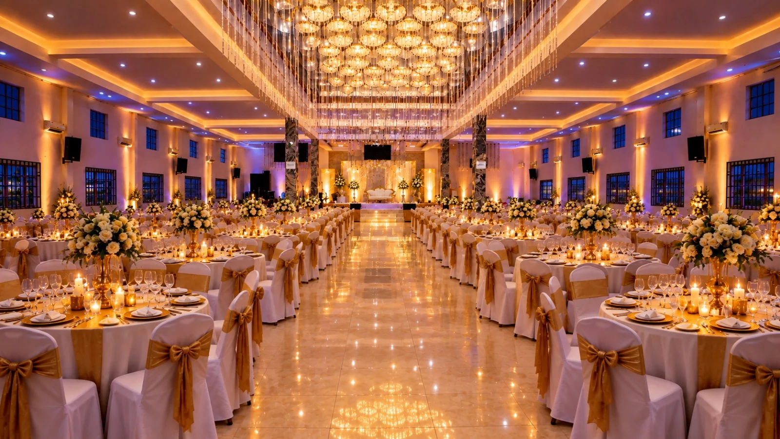 Elegant banquet table setting with gold cutlery and white linen